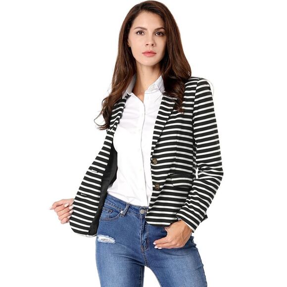 Notched Lapel Pocket Button Closure Striped Blazer Black - Picture 4 of 6